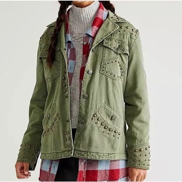 New Free People Rock and Stud Shirt Jacket Army Green Size XS - Picture 2 of 10